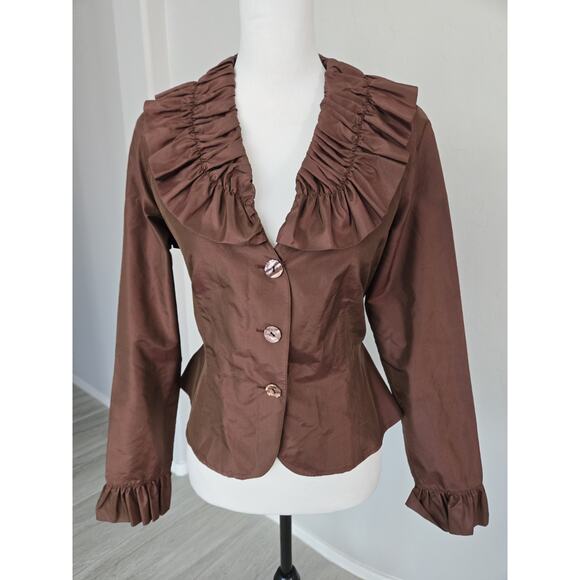 Vtg 90s Silk Taffeta Ruffle Frill Collar Belted Evening Blouse J. Peterman Sz 10 - Picture 7 of 11